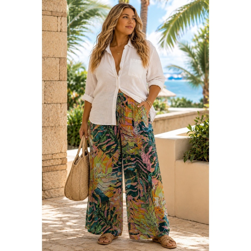 Good Time USA Tropical Palazzo Pants Pull On Vacation Beach Island Resortwear 1X